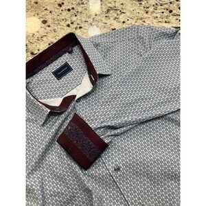 7Diamonds Mens Geometric Diamond Print Button Down Shirt Navy White Burgundy S